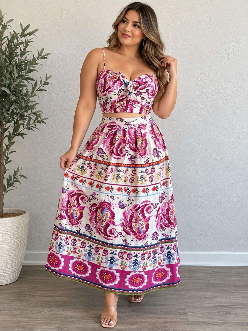 Caroline Constas NWT Paisley
Floral Linen Blend 2-Pc Skirt Set L